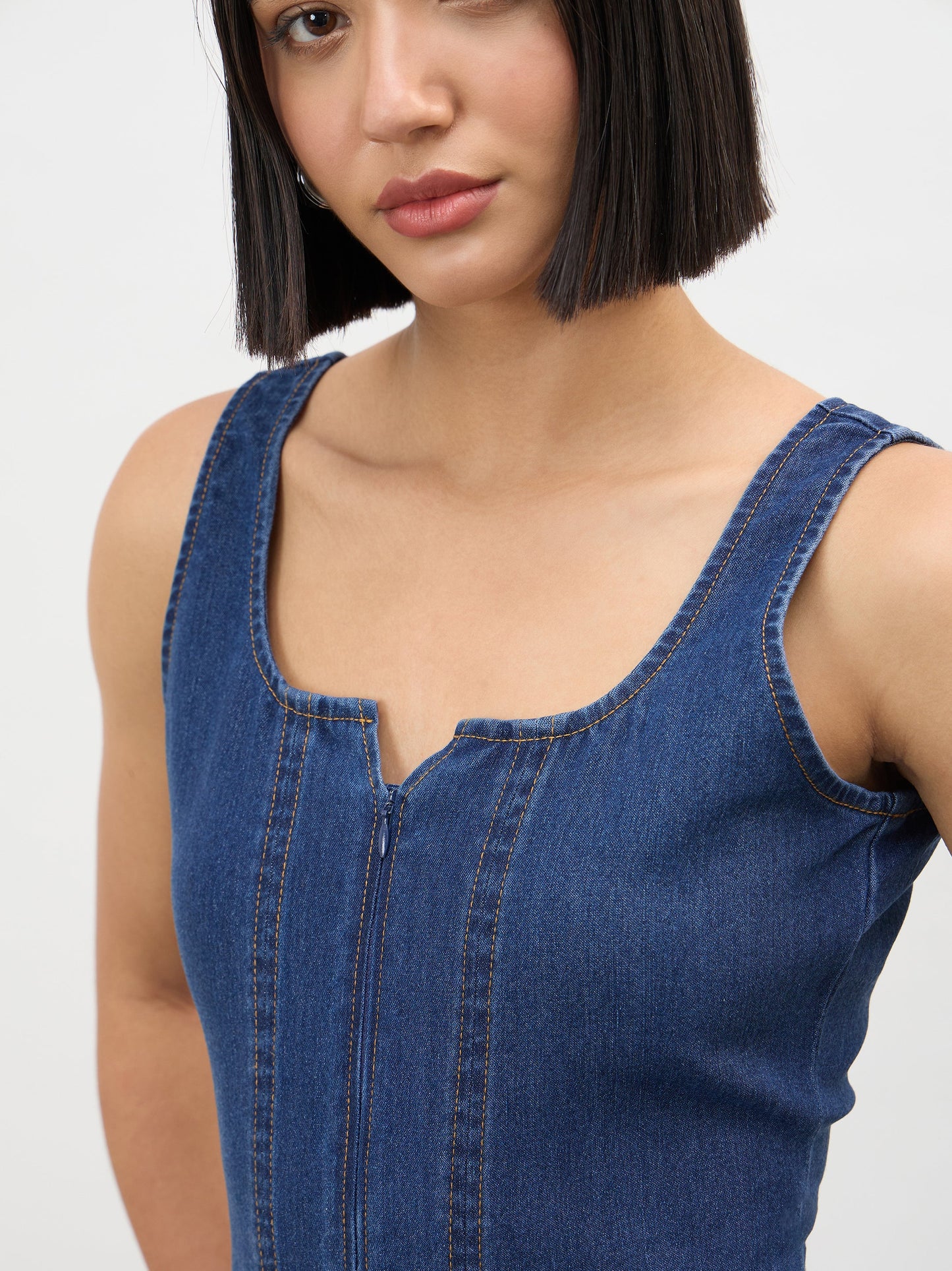 Navy Blue Sweetheart Neck A-Line Midi Dress