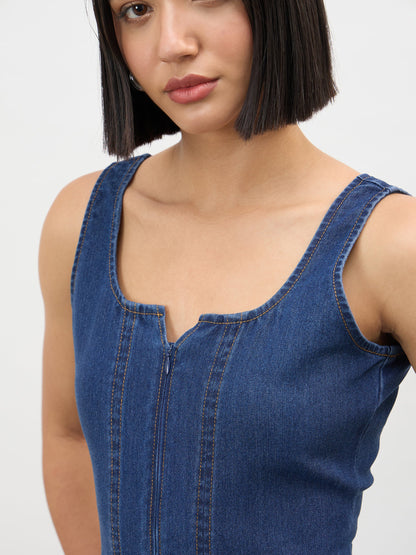 Navy Blue Sweetheart Neck A-Line Midi Dress