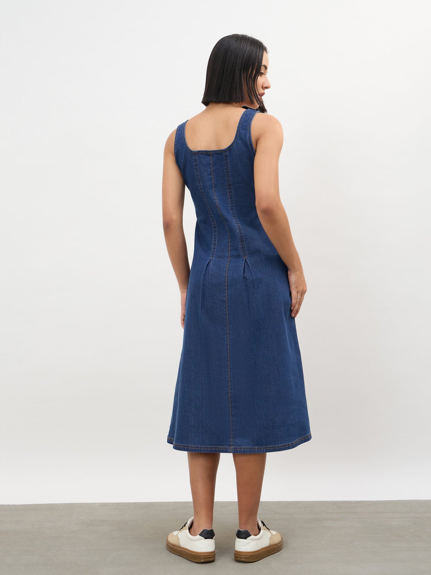 Navy Blue Sweetheart Neck A-Line Midi Dress