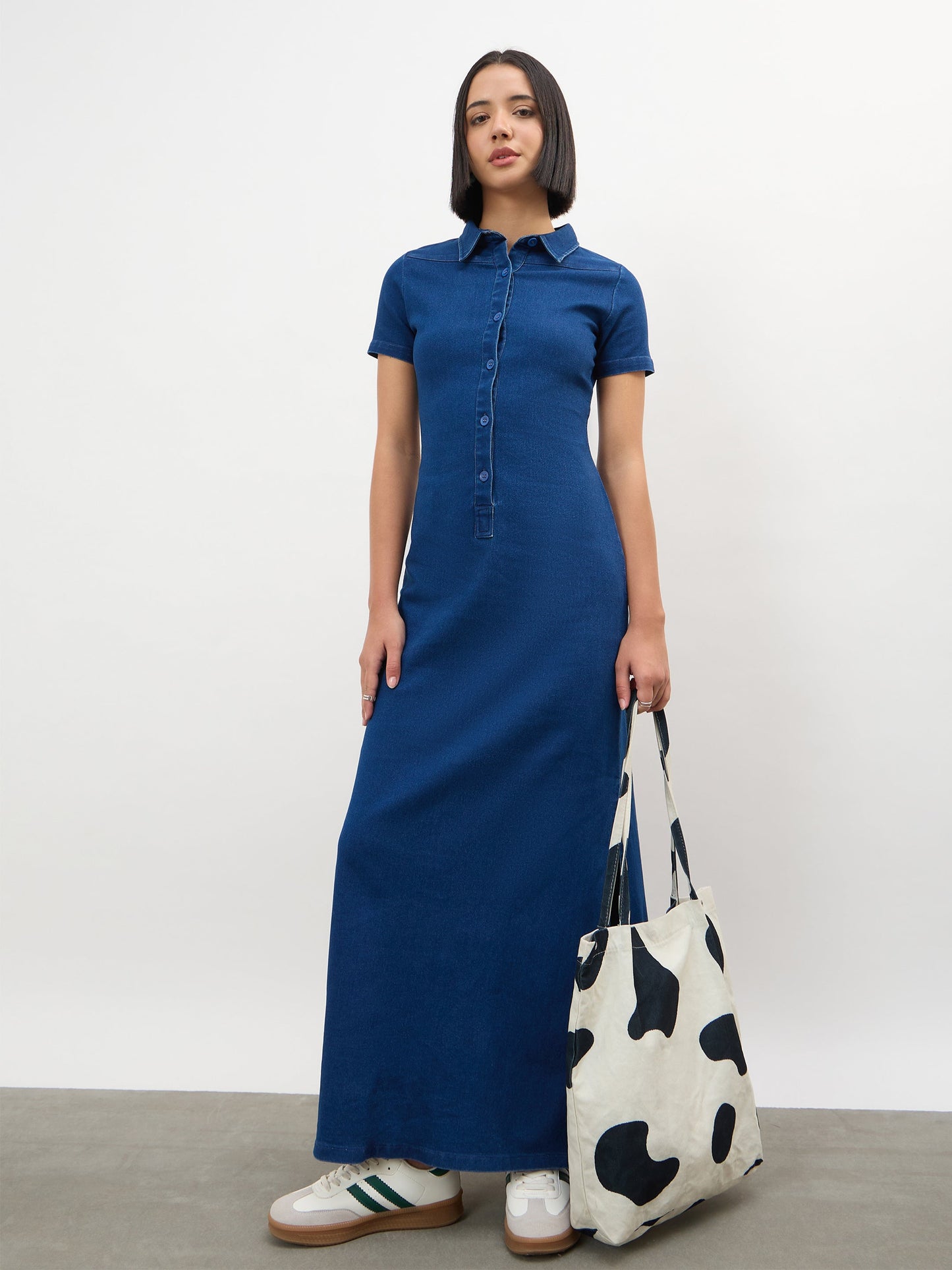 Blue Front Button Straight Maxi Dress
