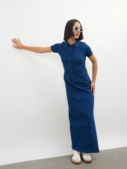 Blue Front Button Straight Maxi Dress