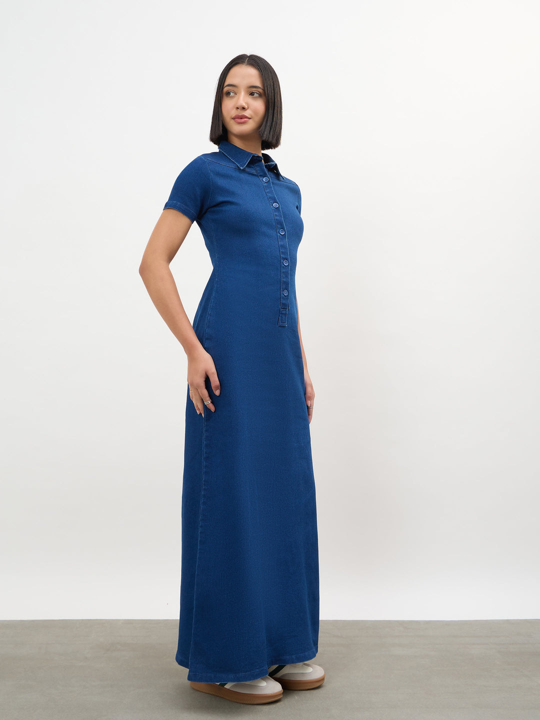 Blue Front Button Straight Maxi Dress