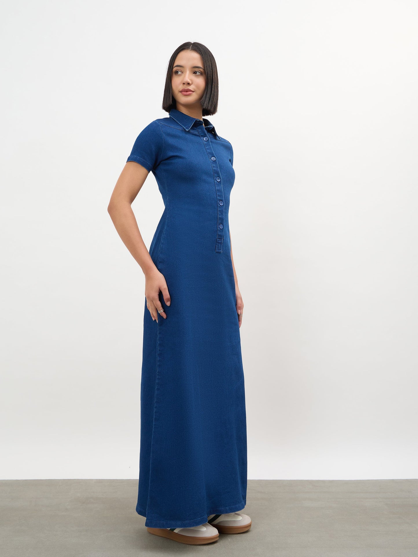 Blue Front Button Straight Maxi Dress