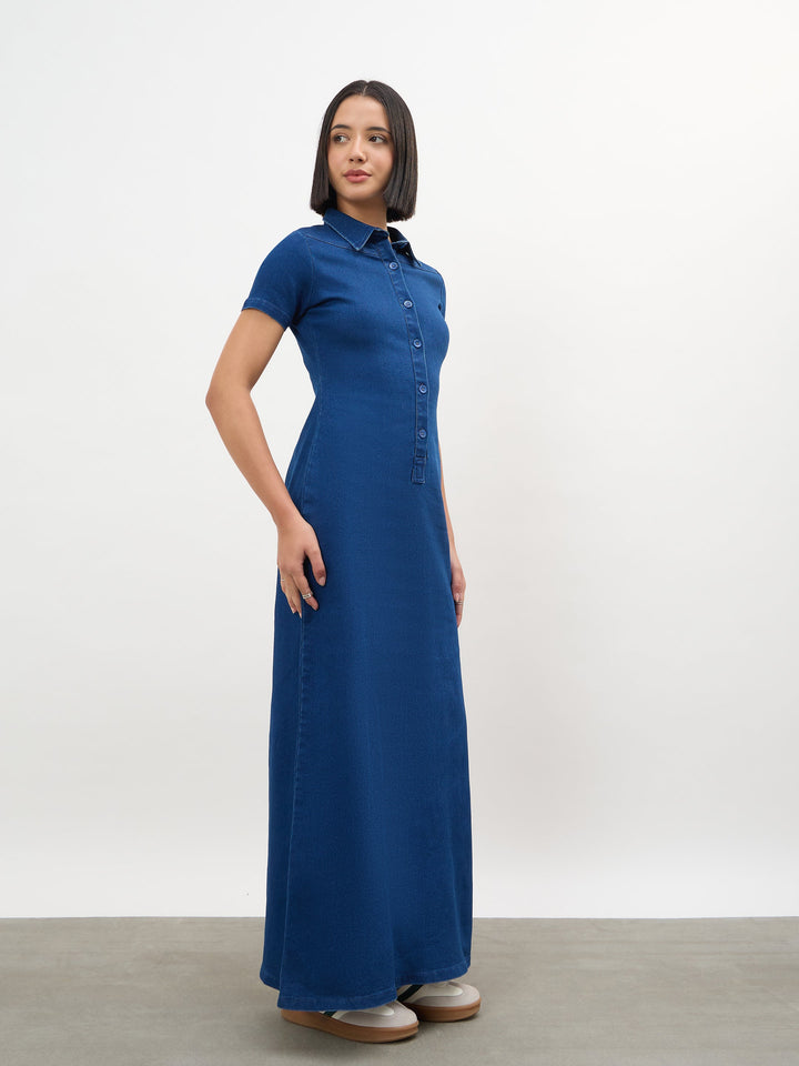Blue Front Button Straight Maxi Dress