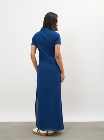 Blue Front Button Straight Maxi Dress