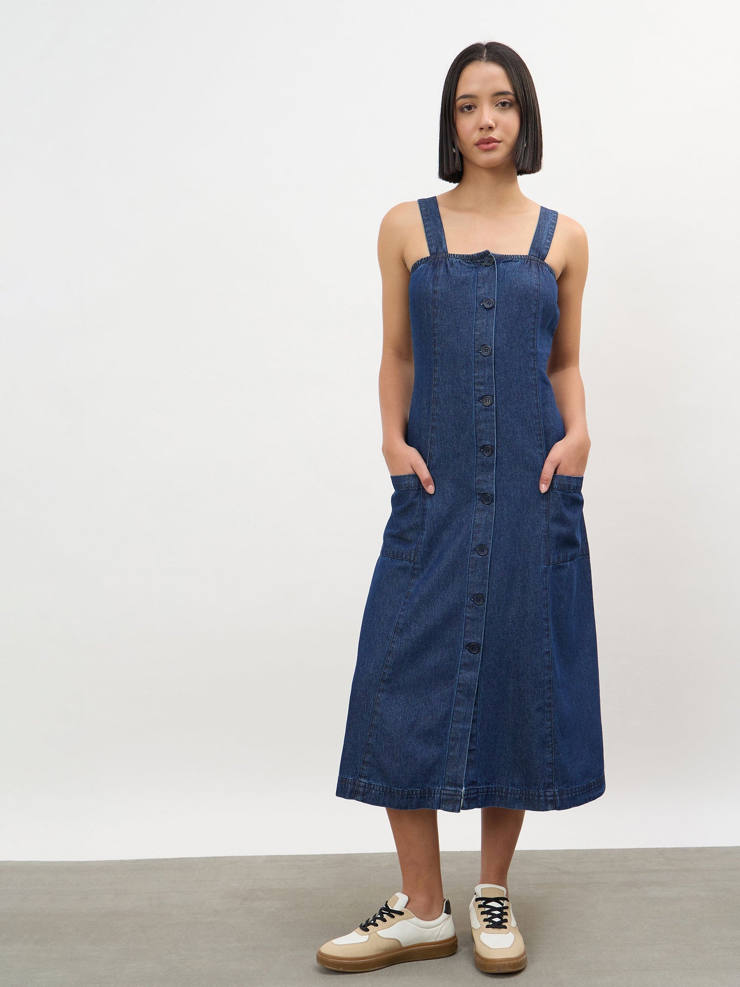 Navy Strappy Button Down A-Line Midi Dress