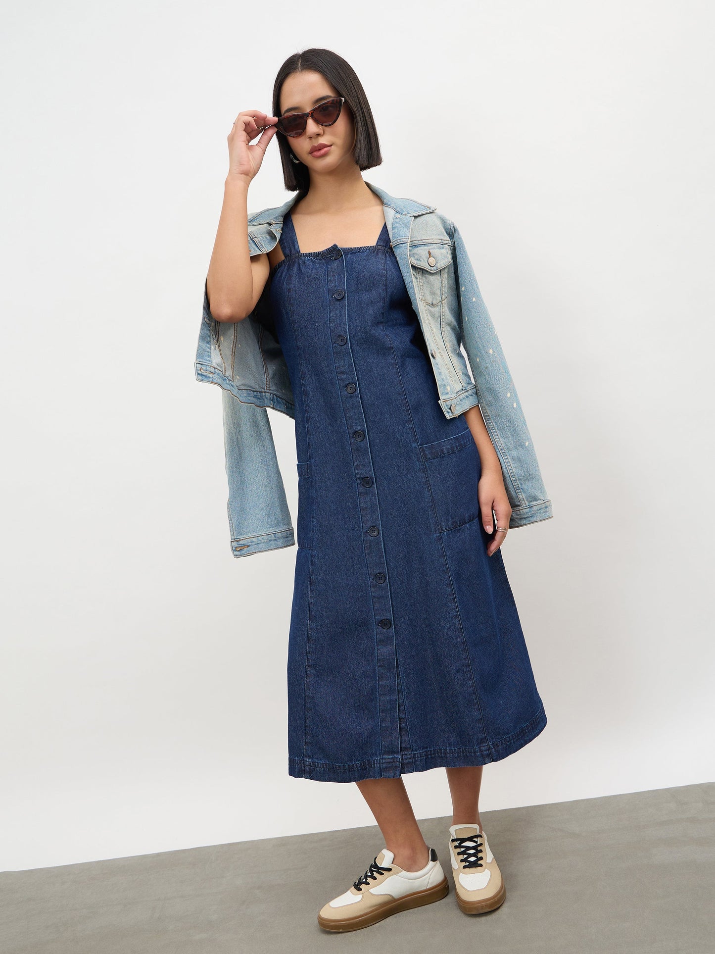 Navy Strappy Button Down A-Line Midi Dress