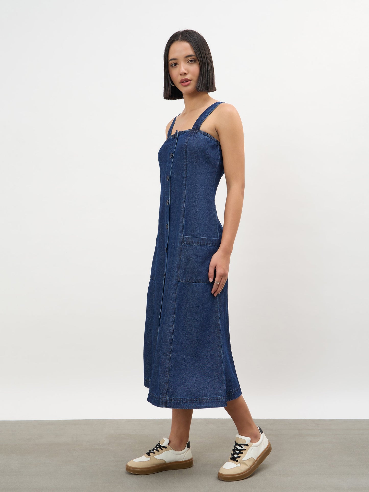 Navy Strappy Button Down A-Line Midi Dress