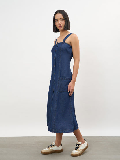 Navy Strappy Button Down A-Line Midi Dress