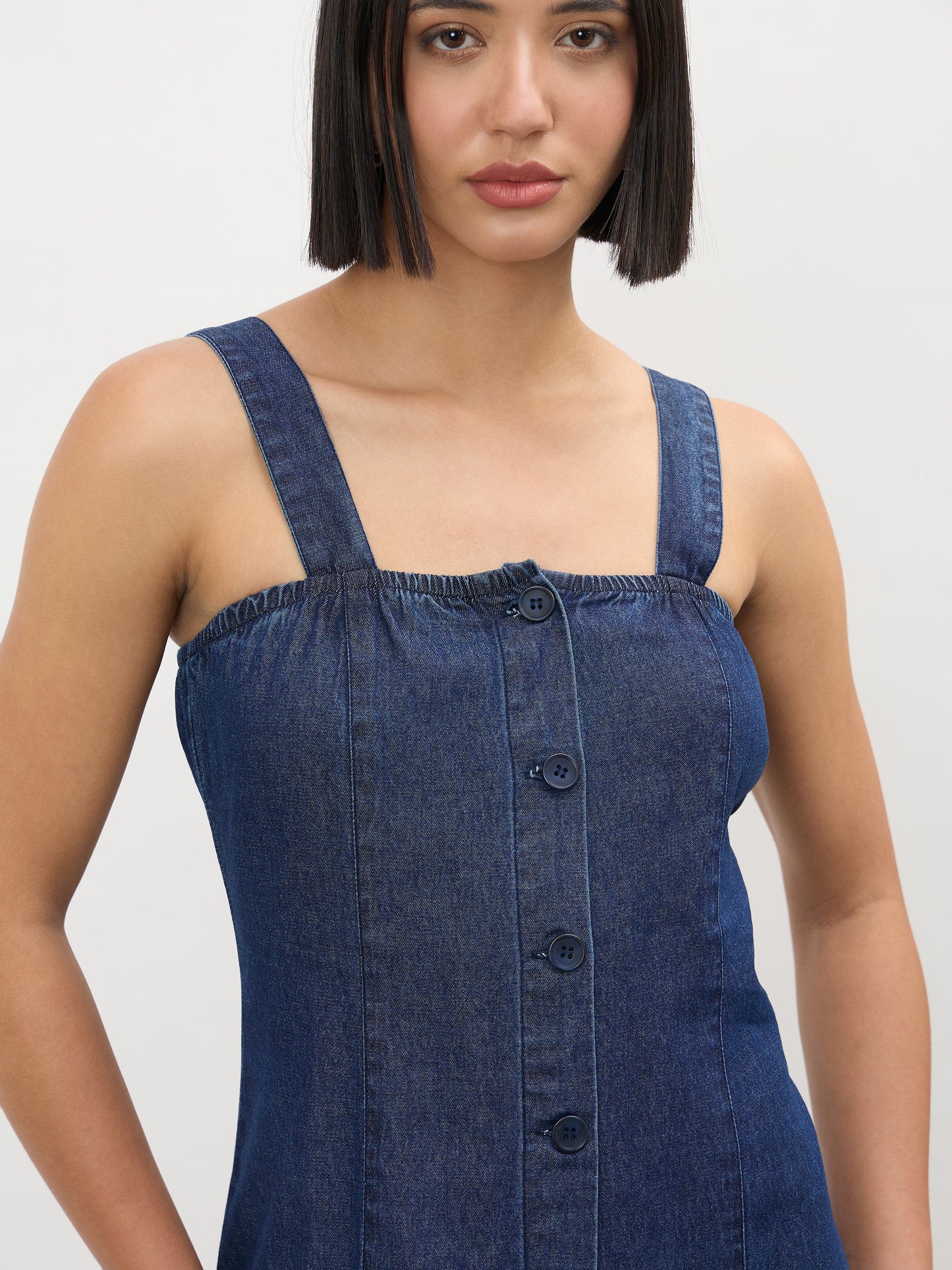 Navy Strappy Button Down A-Line Midi Dress