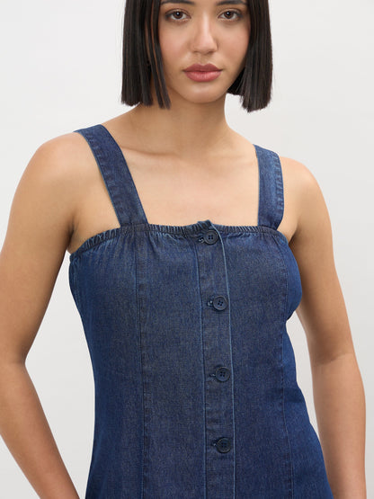 Navy Strappy Button Down A-Line Midi Dress