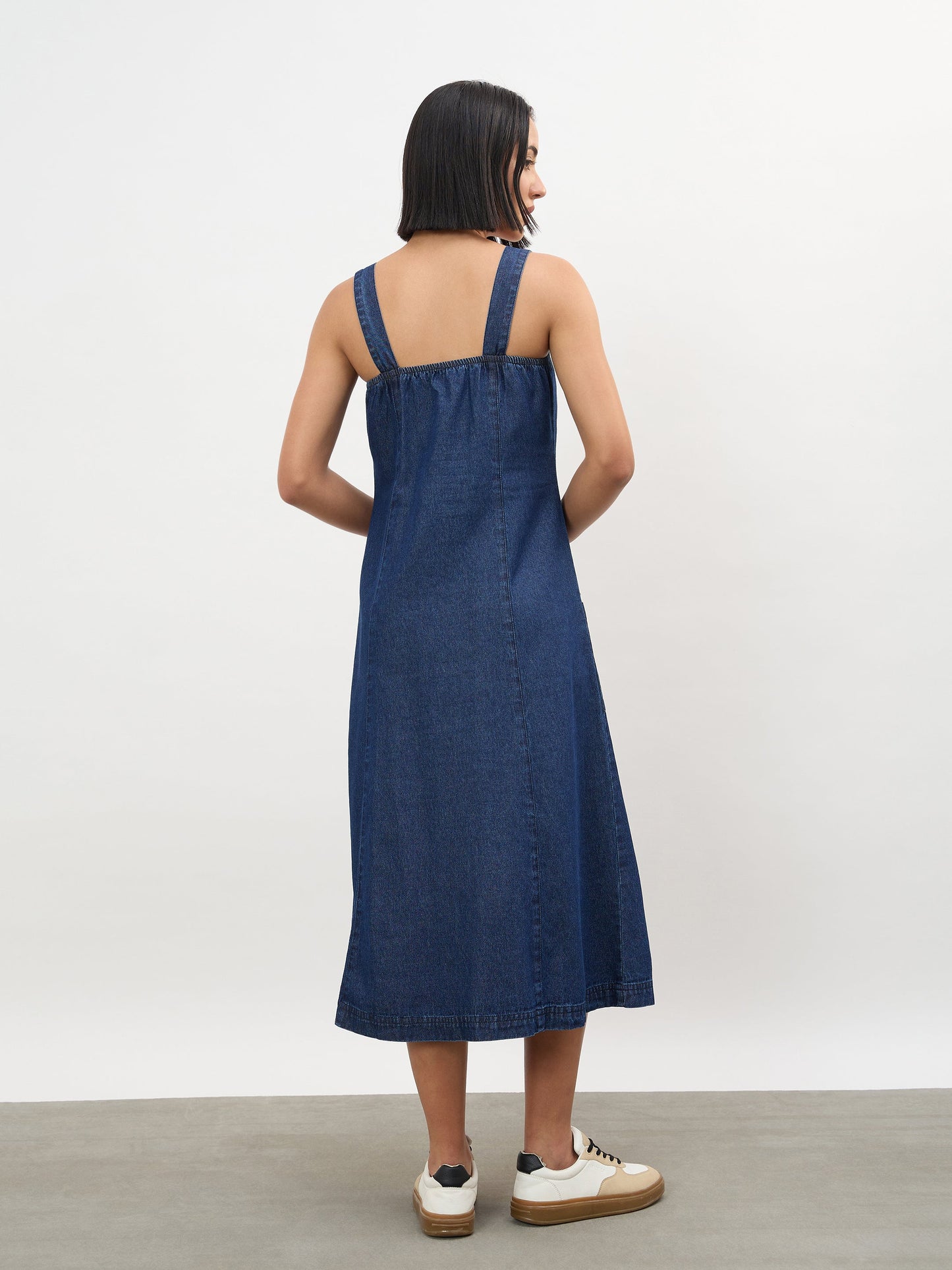 Navy Strappy Button Down A-Line Midi Dress