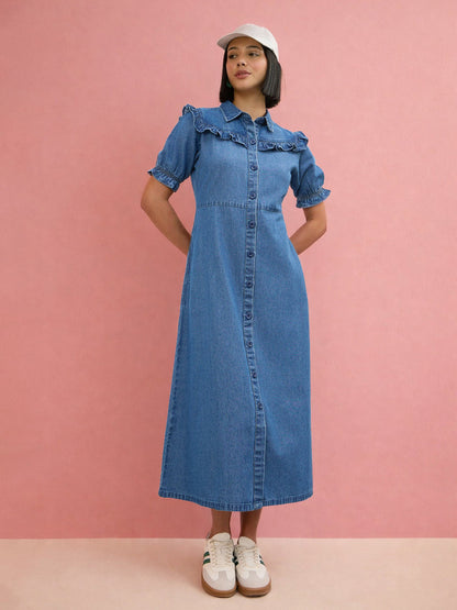 Blue Blast Front Yoke Button Down Maxi Dress