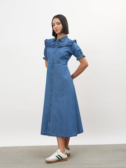 Blue Blast Front Yoke Button Down Maxi Dress