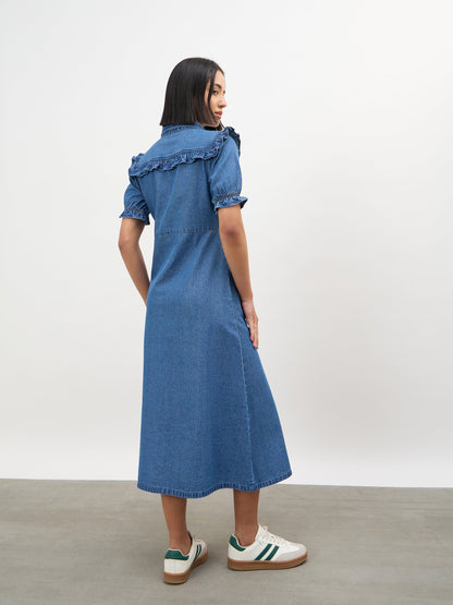 Blue Blast Front Yoke Button Down Maxi Dress