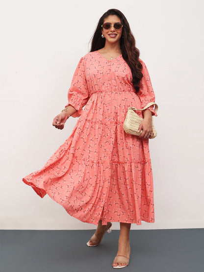 Peach Ditsy Floral Front Button Down Tiered Maxi Dress