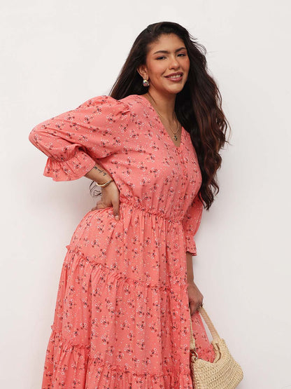 Peach Ditsy Floral Front Button Down Tiered Maxi Dress
