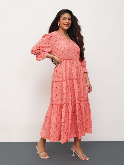 Peach Ditsy Floral Front Button Down Tiered Maxi Dress
