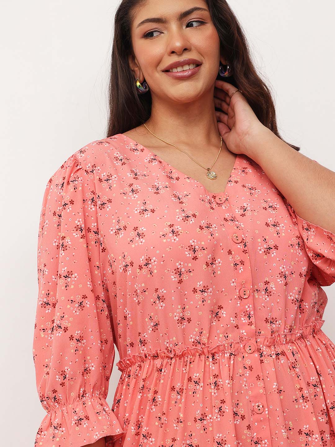 Peach Ditsy Floral Front Button Down Tiered Maxi Dress