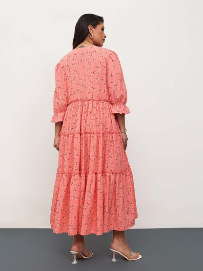 Peach Ditsy Floral Front Button Down Tiered Maxi Dress