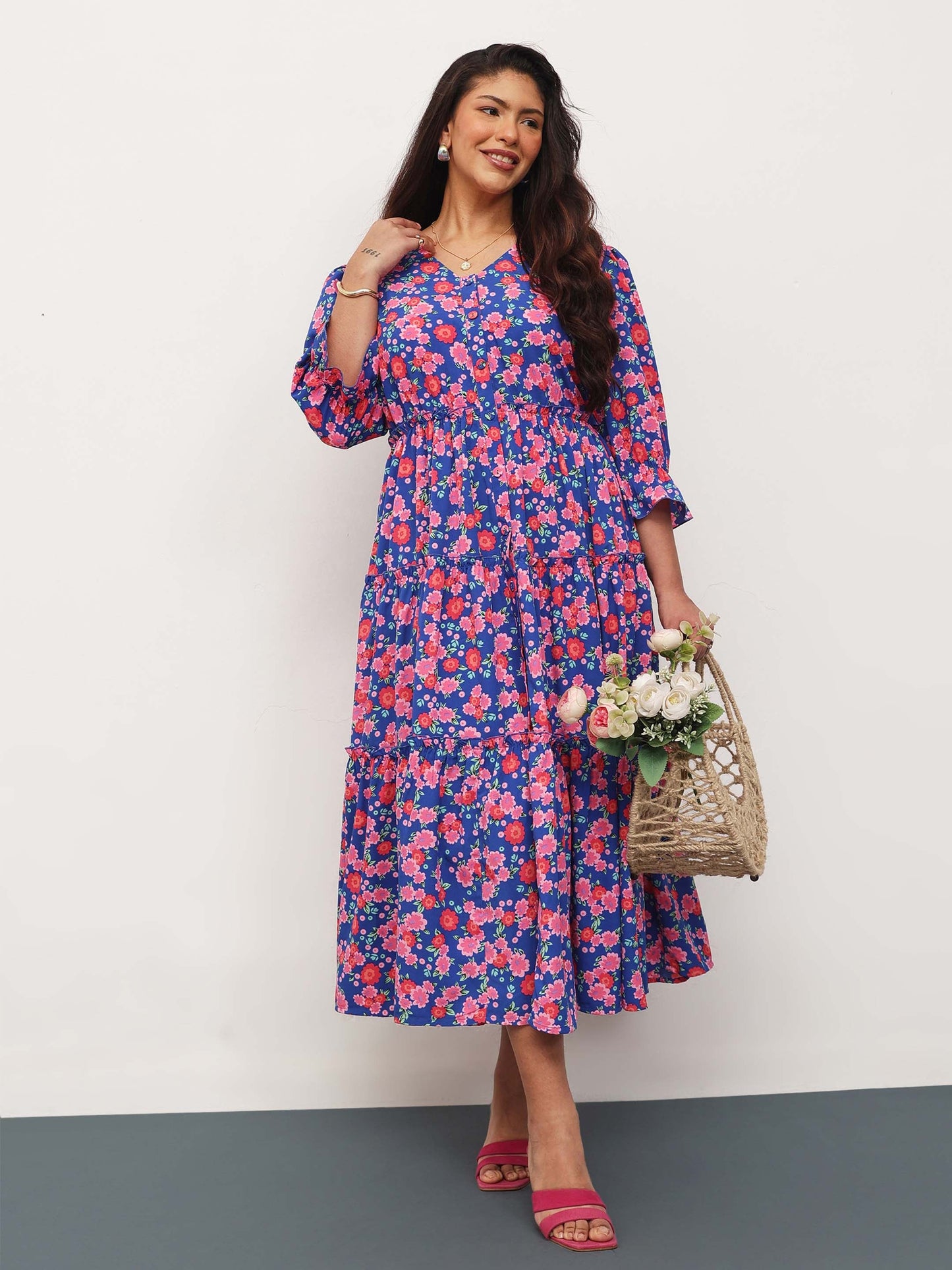 Blue & Pink Floral Front Button Down Tiered Maxi Dress