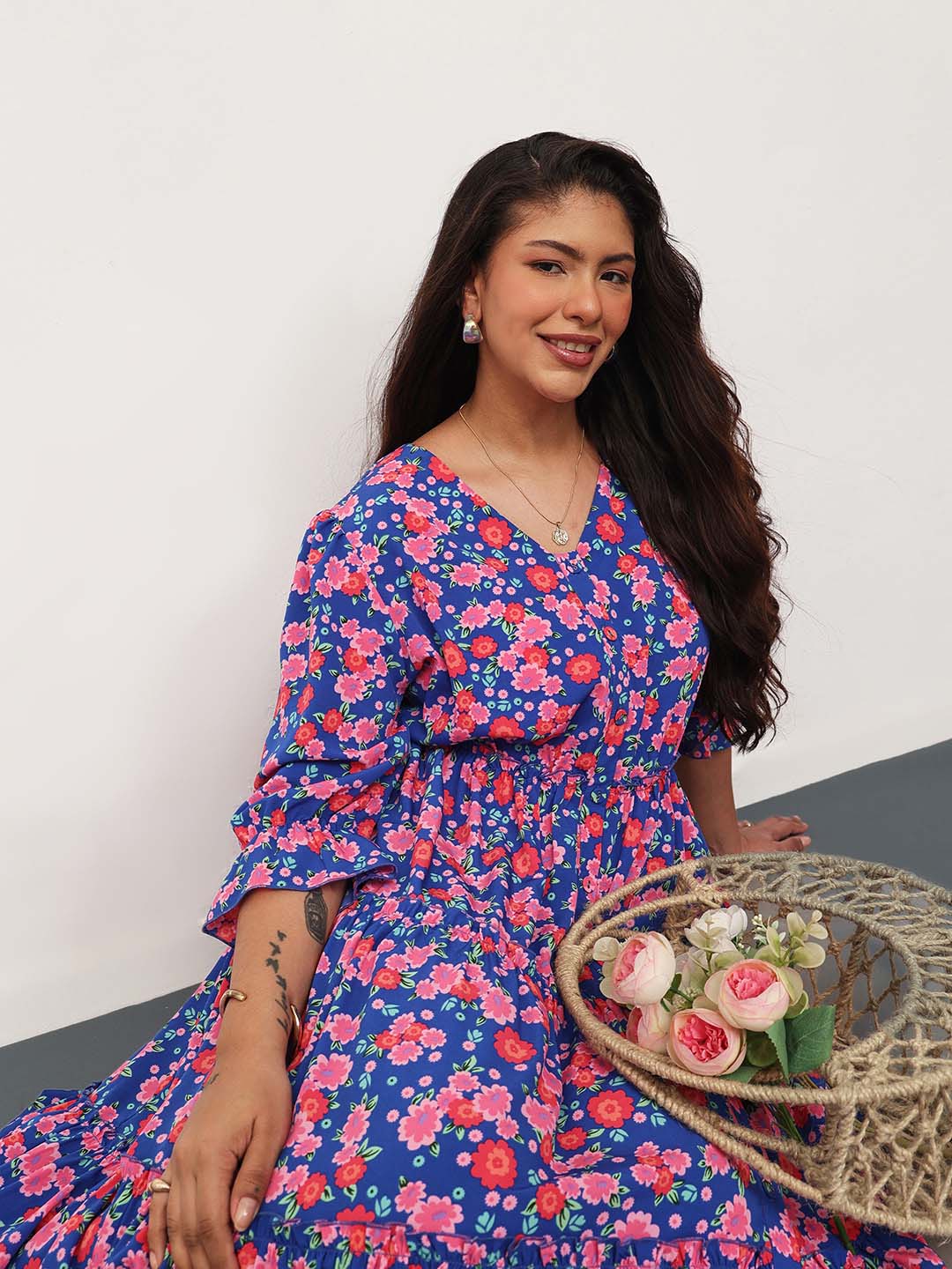 Blue & Pink Floral Front Button Down Tiered Maxi Dress