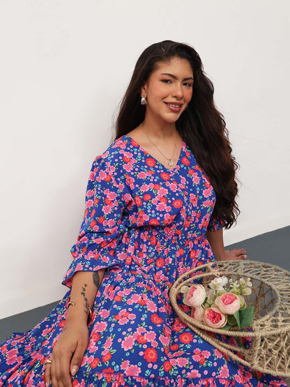 Blue & Pink Floral Front Button Down Tiered Maxi Dress