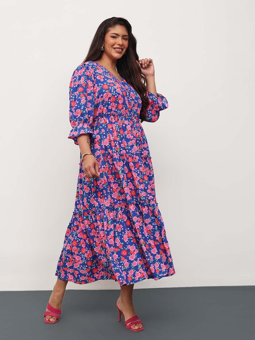 Blue & Pink Floral Front Button Down Tiered Maxi Dress