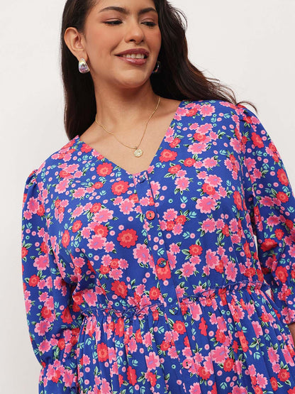 Blue & Pink Floral Front Button Down Tiered Maxi Dress