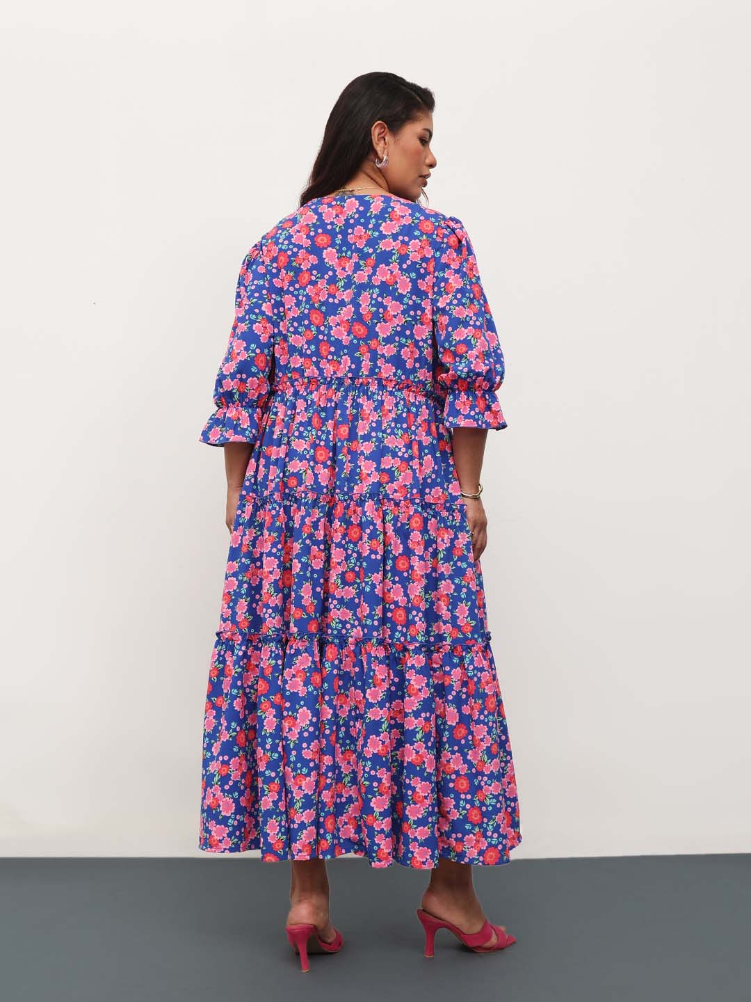Blue & Pink Floral Front Button Down Tiered Maxi Dress