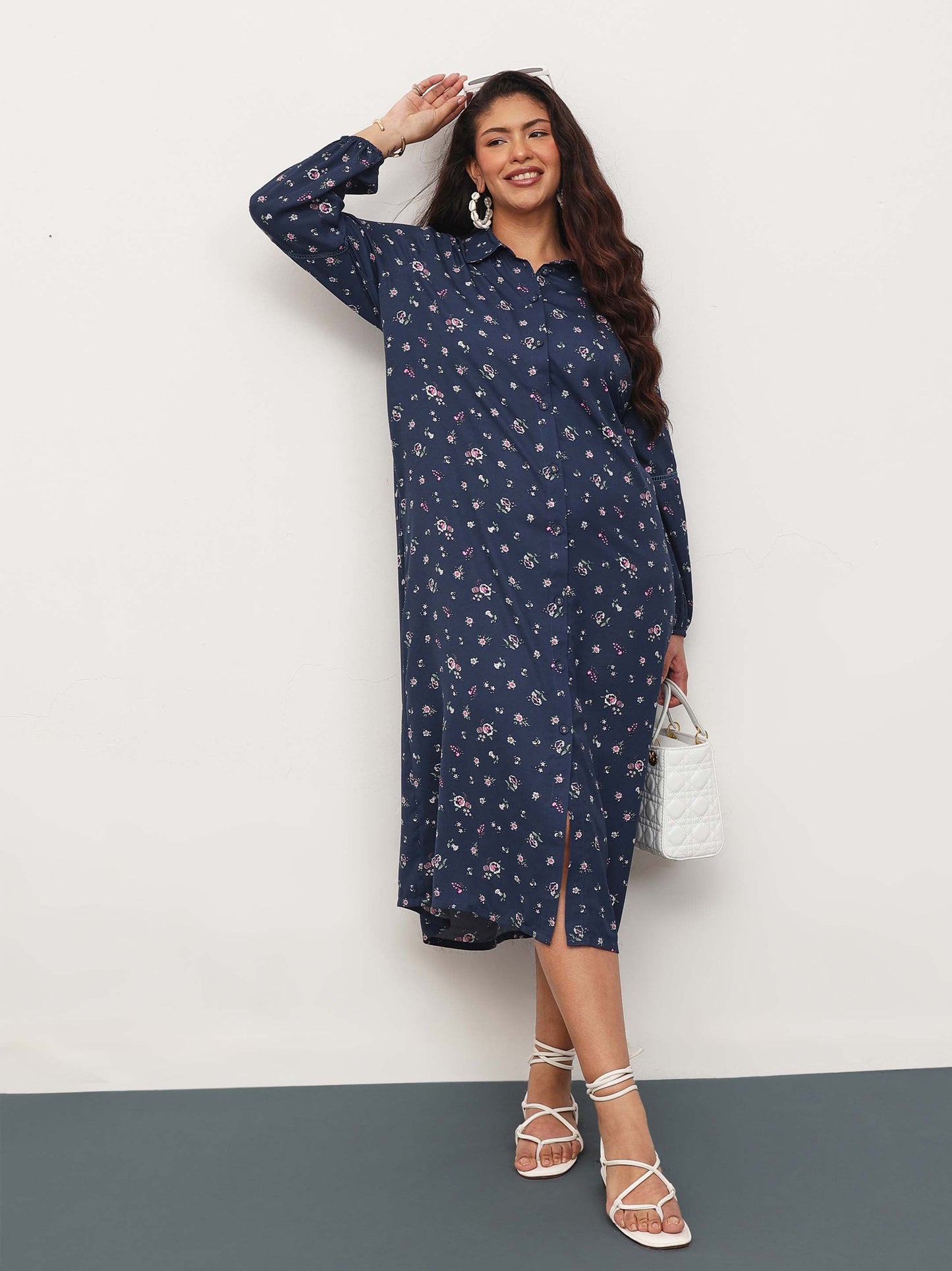 Navy Ditsy Floral Longline Shirt Dress