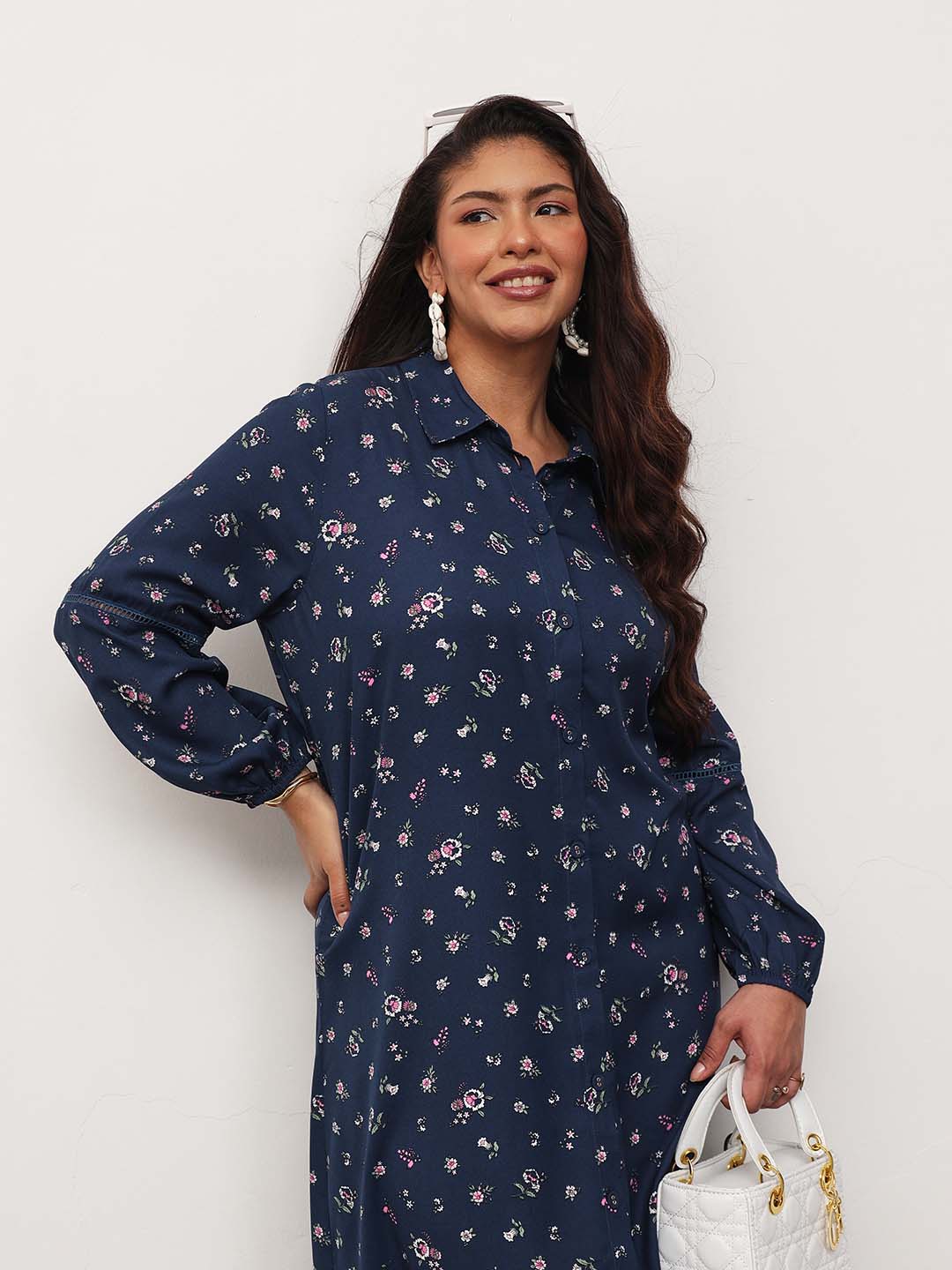 Navy Ditsy Floral Longline Shirt Dress