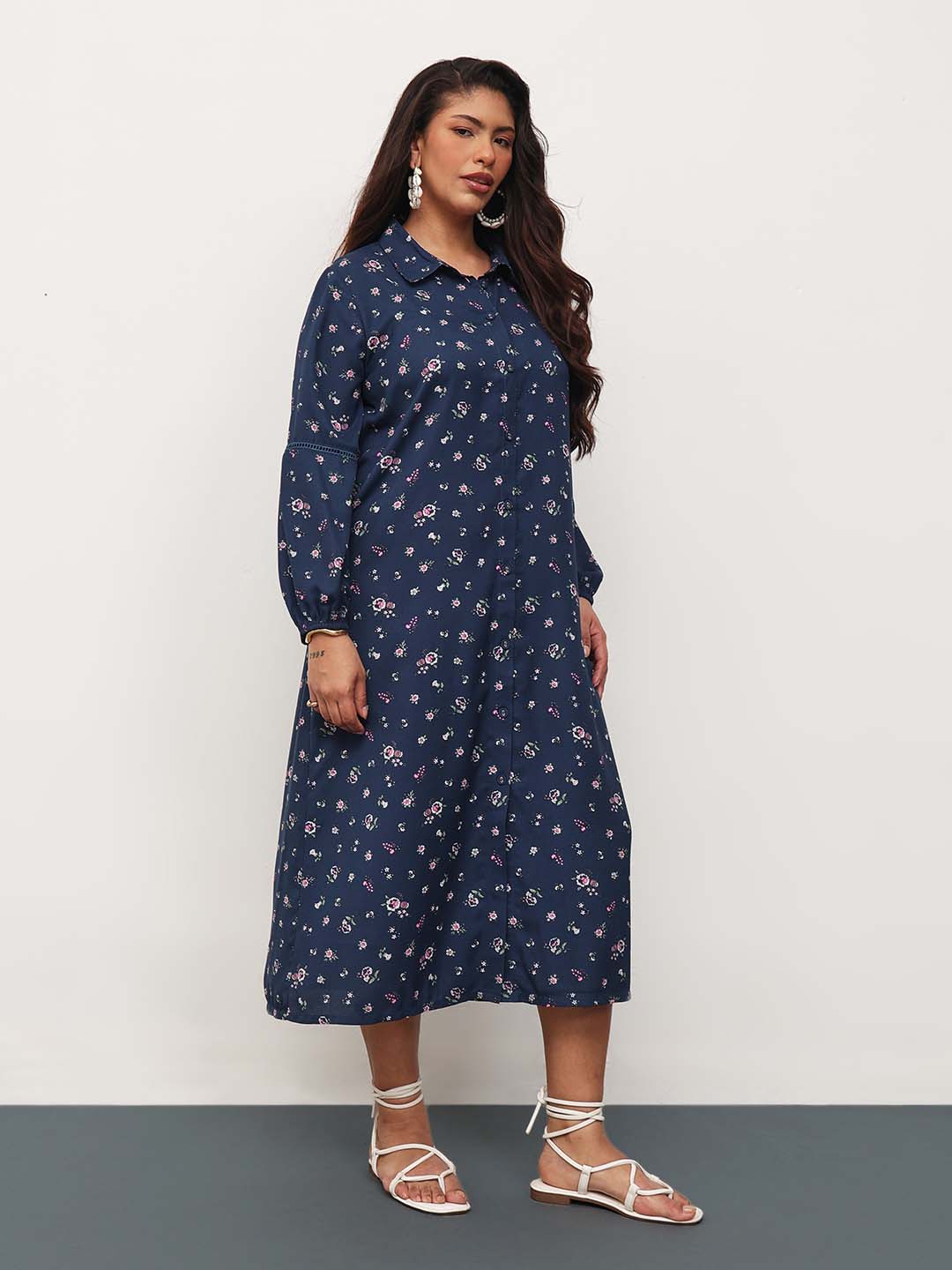 Navy Ditsy Floral Longline Shirt Dress