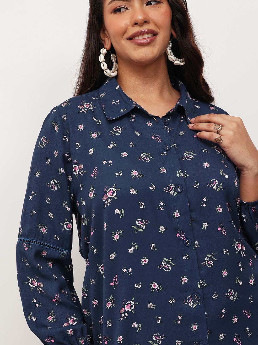 Navy Ditsy Floral Longline Shirt Dress