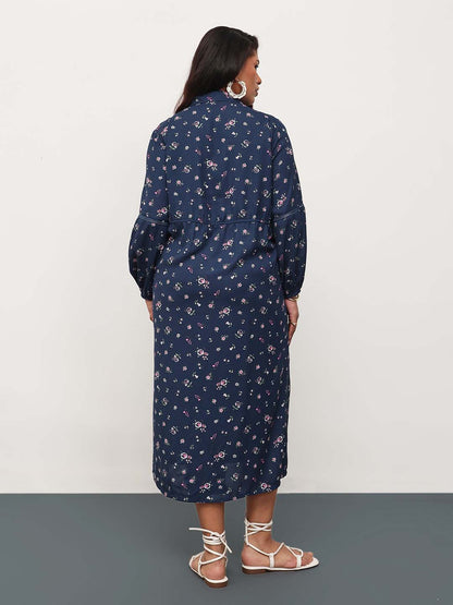 Navy Ditsy Floral Longline Shirt Dress