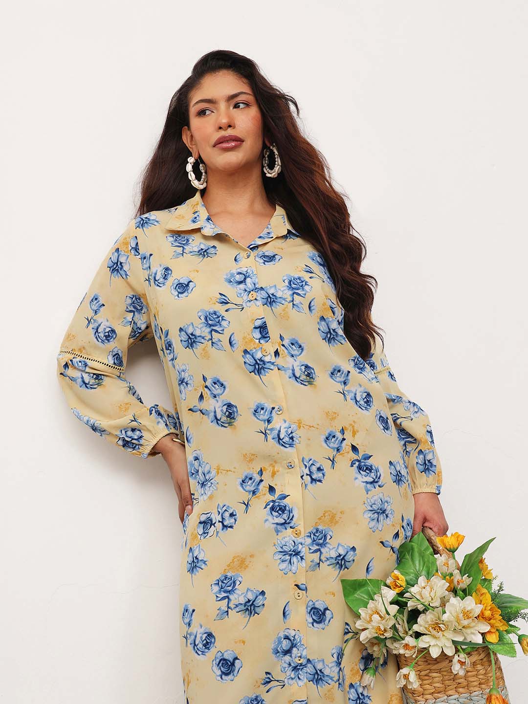 Yellow Floral Longline Shirt Dress