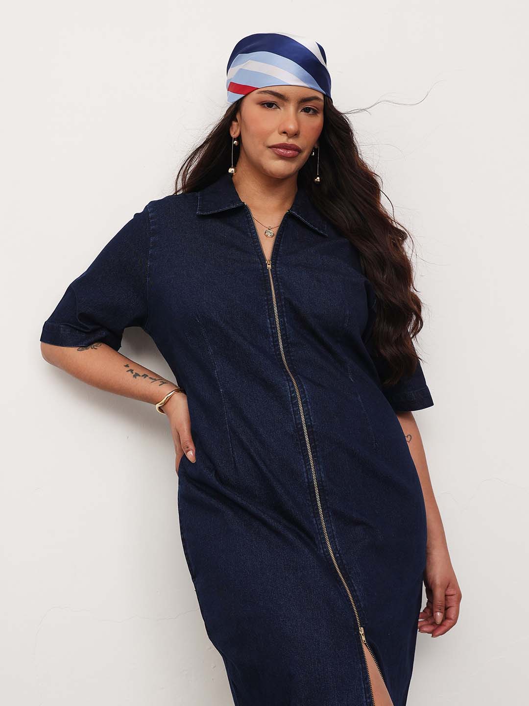 Navy Blue Denim Front Zipper Bodycon Midi Dress