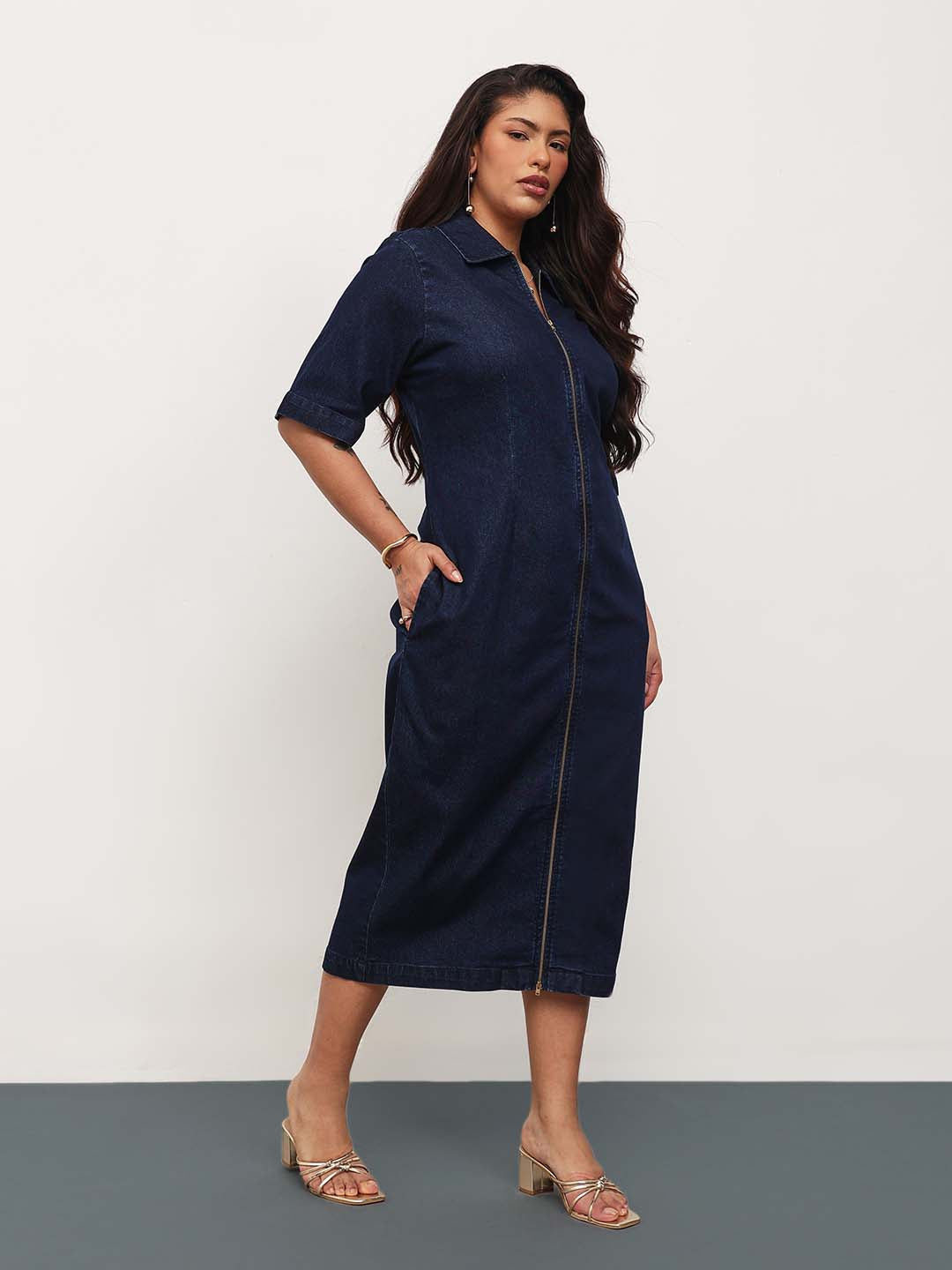 Navy Blue Denim Front Zipper Bodycon Midi Dress