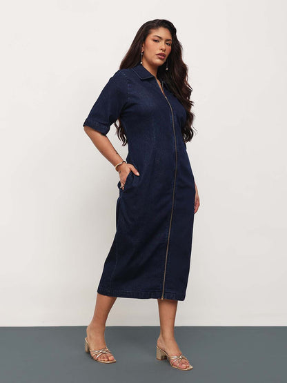 Navy Blue Denim Front Zipper Bodycon Midi Dress