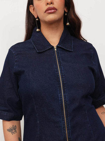 Navy Blue Denim Front Zipper Bodycon Midi Dress
