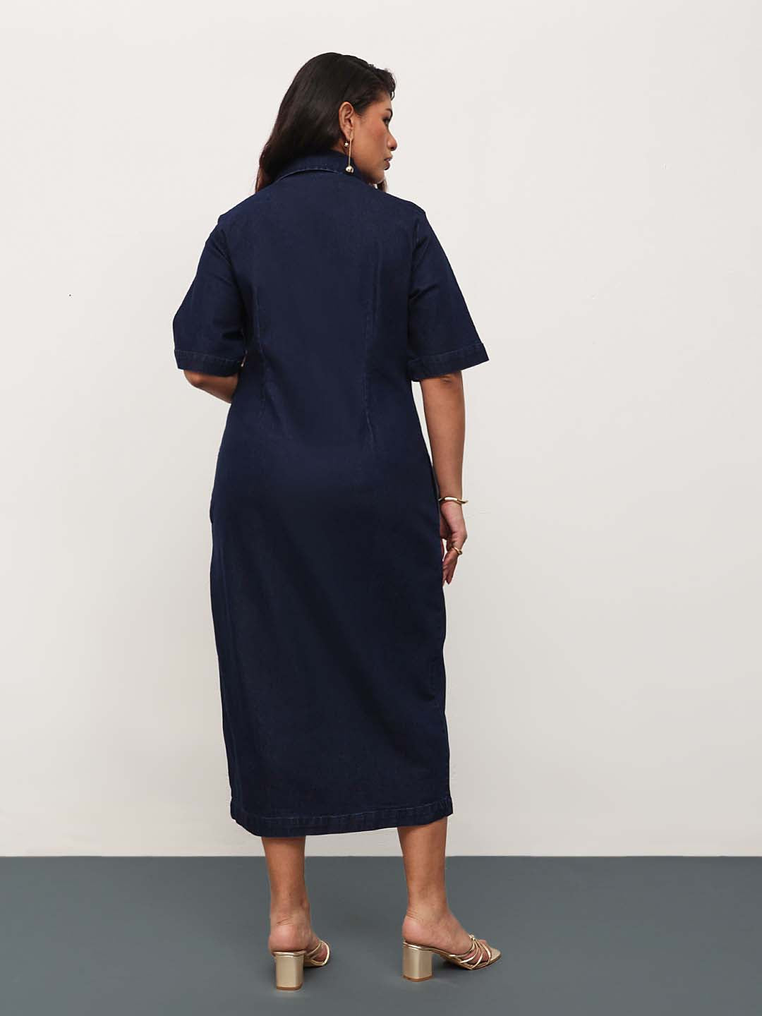 Navy Blue Denim Front Zipper Bodycon Midi Dress