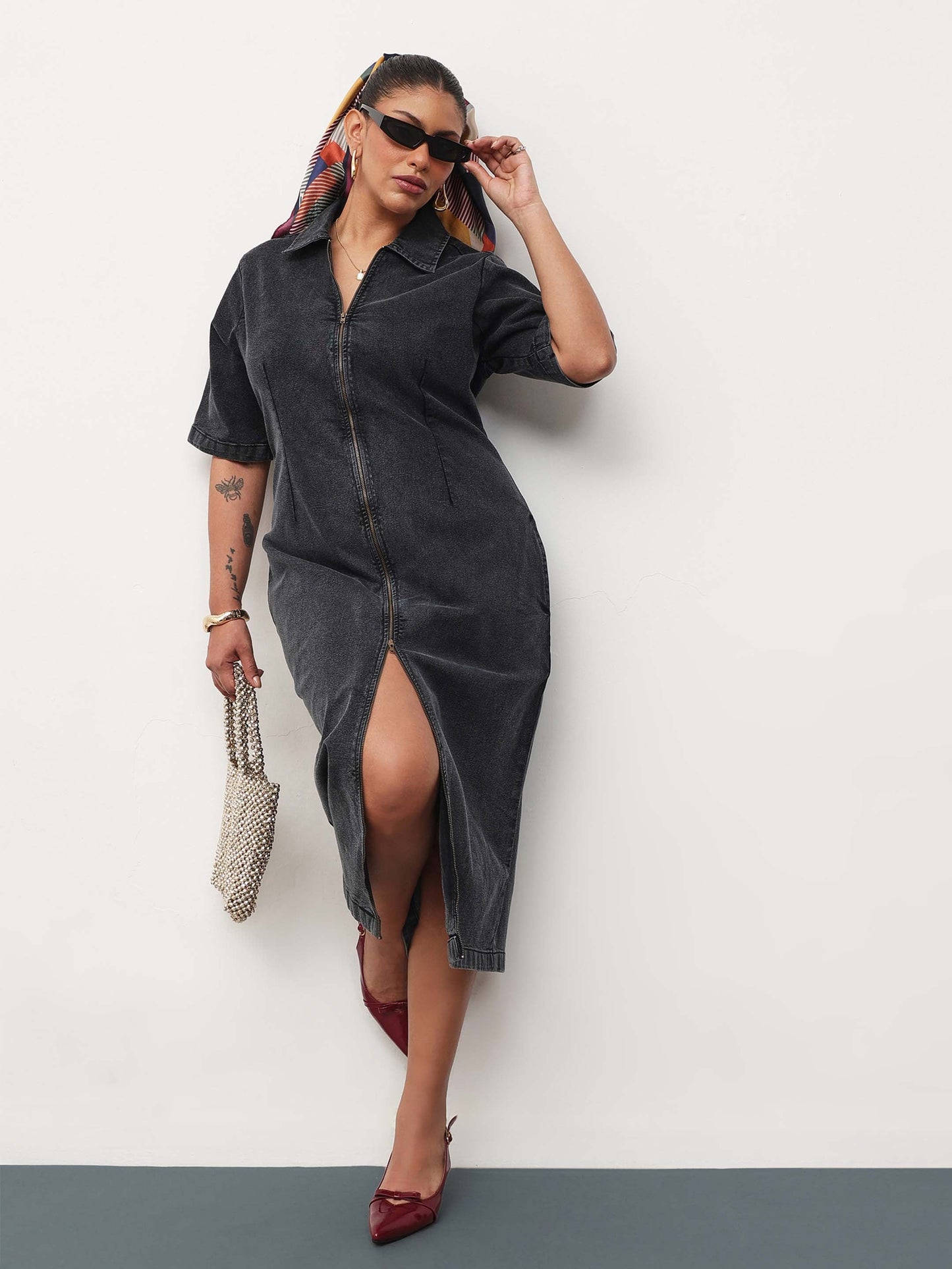Black Wash Denim Front Zipper Bodycon Midi Dress