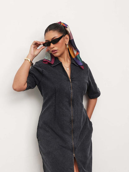 Black Wash Denim Front Zipper Bodycon Midi Dress