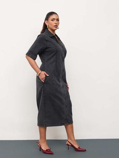 Black Wash Denim Front Zipper Bodycon Midi Dress