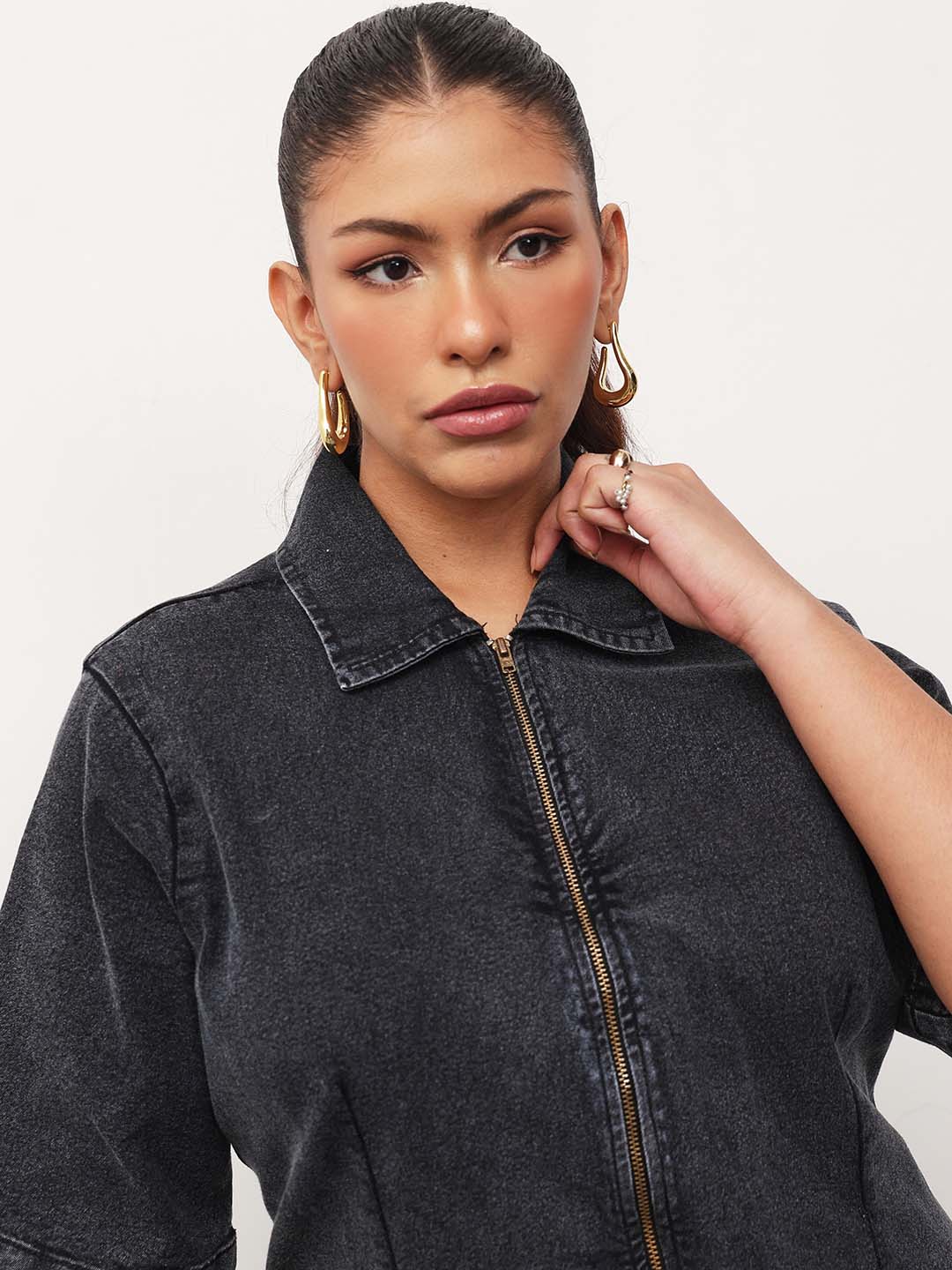Black Wash Denim Front Zipper Bodycon Midi Dress