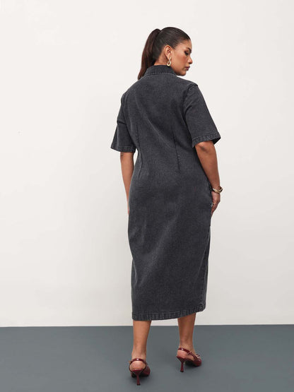 Black Wash Denim Front Zipper Bodycon Midi Dress
