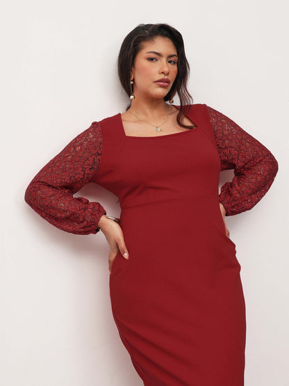 Red Square Neck Lace Sleeves Bodycon Midi Dress