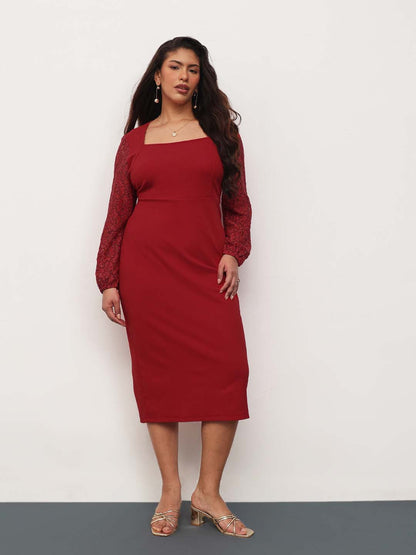 Red Square Neck Lace Sleeves Bodycon Midi Dress