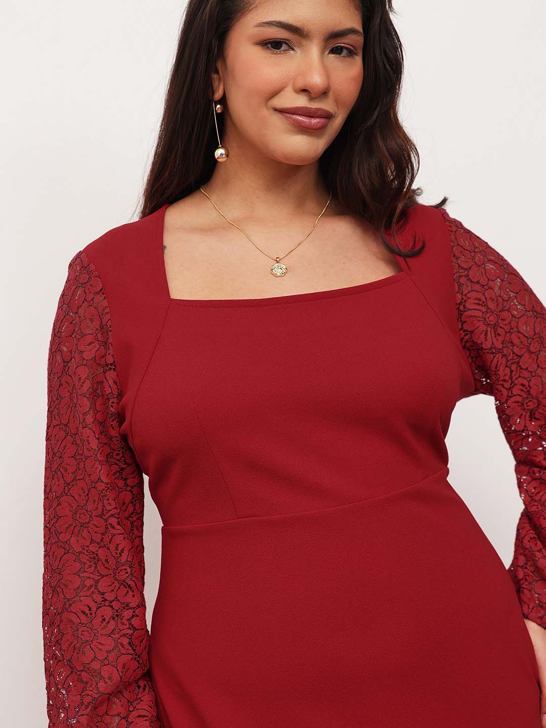 Red Square Neck Lace Sleeves Bodycon Midi Dress