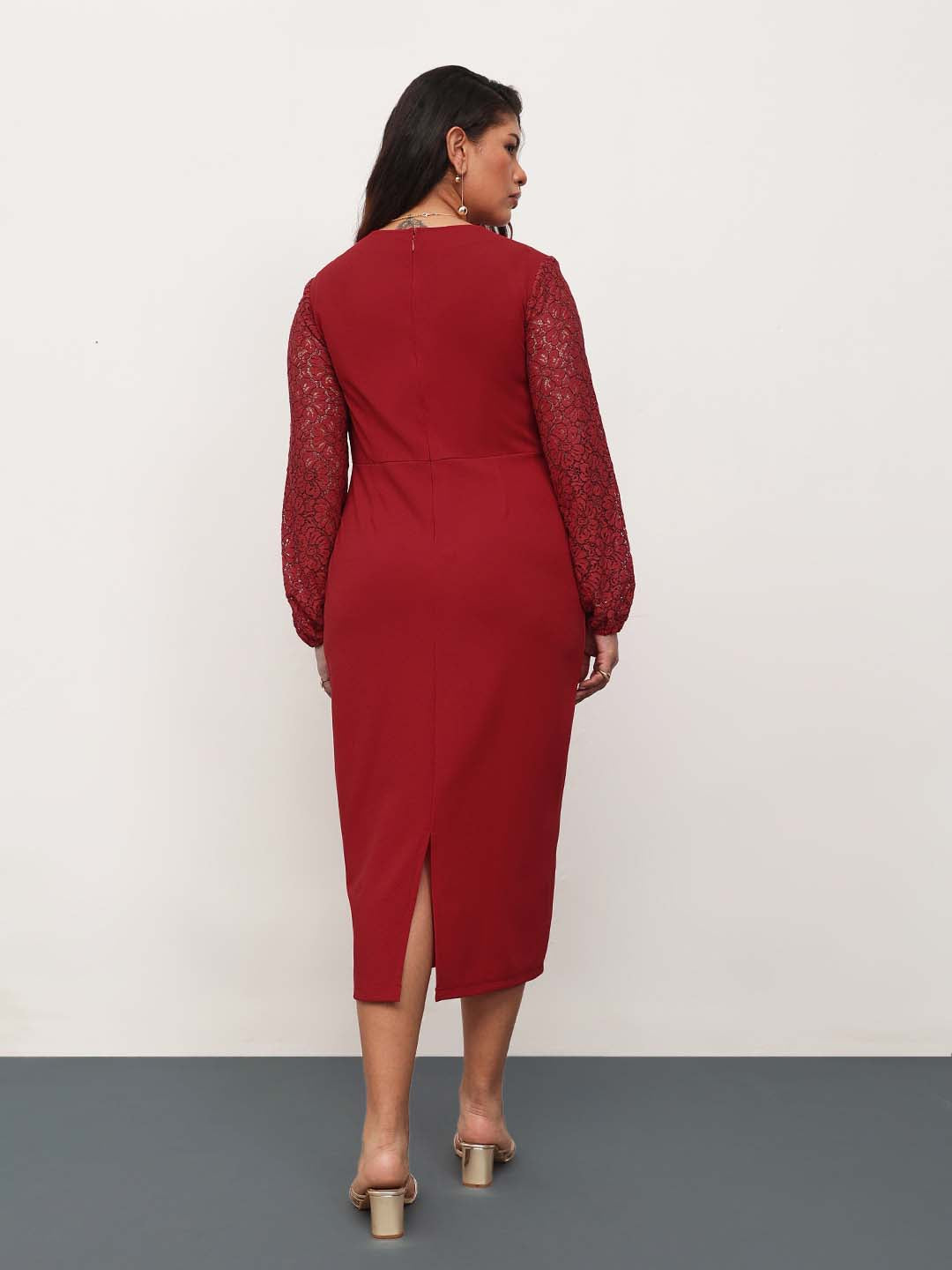 Red Square Neck Lace Sleeves Bodycon Midi Dress